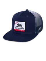 Alpinestars Cali Gradient Trucker Hat, Snapback Cap, Navy Blue and White, featuring a flat bill, California bear woven patch on front, gradient poly mesh back, and side Astars logo embroidery