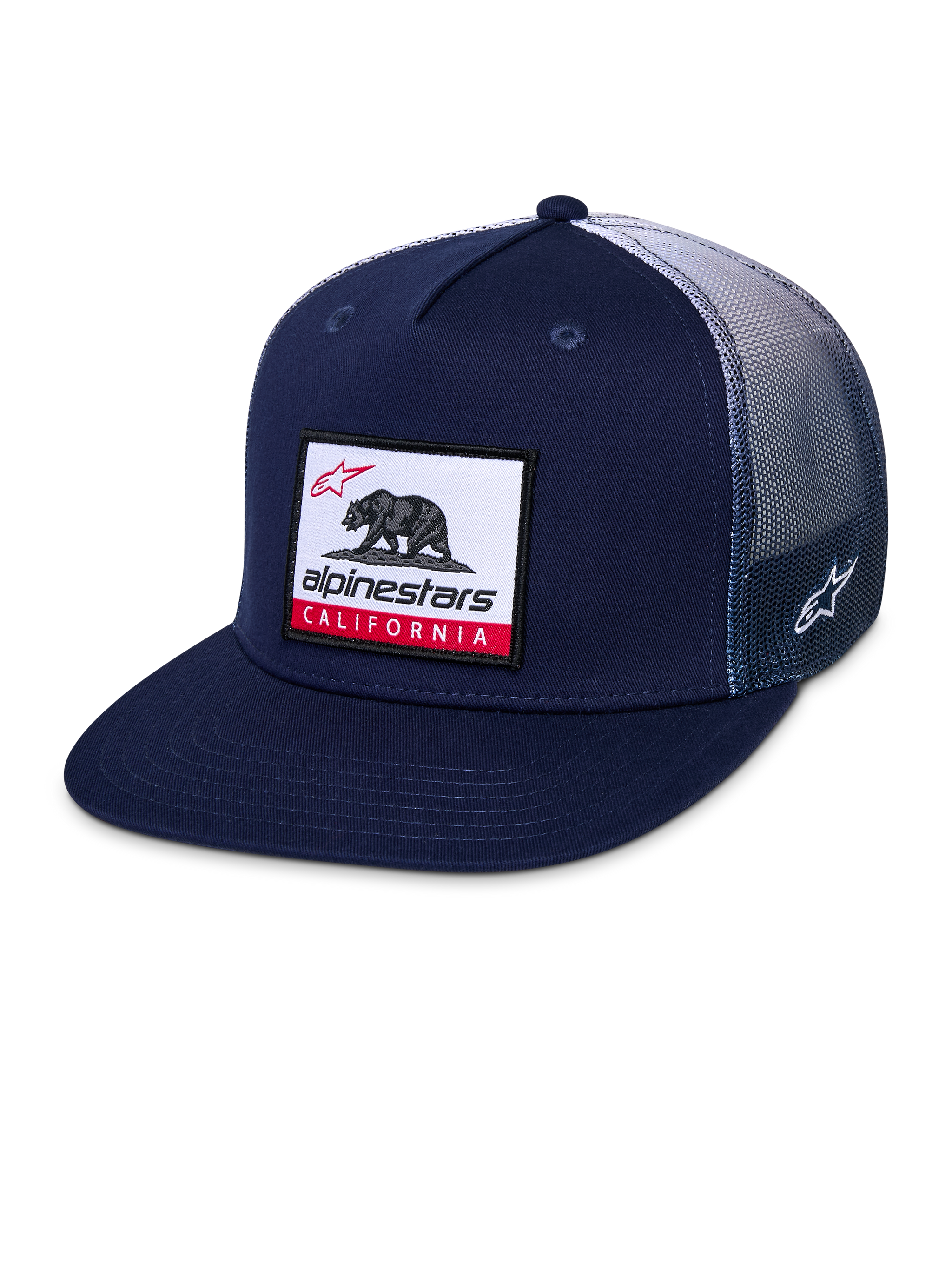 Alpinestars Cali Gradient Trucker Hat, Snapback Cap, Navy Blue and White, featuring a flat bill, California bear woven patch on front, gradient poly mesh back, and side Astars logo embroidery
