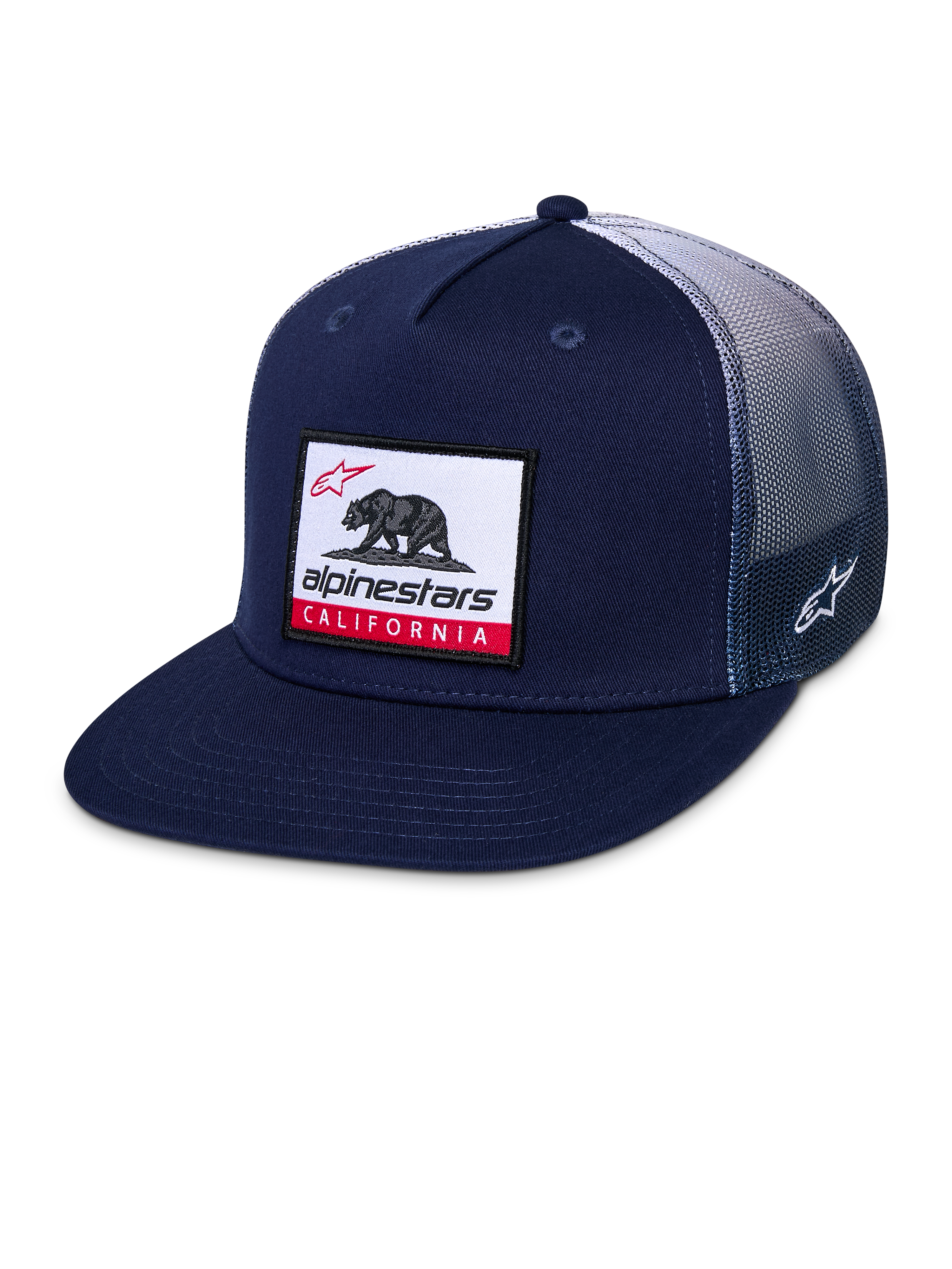 Boné Trucker Alpinestars Cali Gradient, boné snapback, azul-marinho e branco, com pala plana, patch tecido com o urso da Califórnia na frente, malha traseira com gradiente e bordado lateral do logótipo Astars