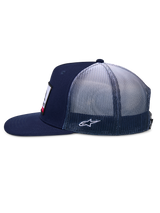 Alpinestars Cali Gradient Trucker Hat, Trucker Hat, Navy Blue and White, side view with gradient mesh back and flat bill, embroidered side Astars logo, casual motorsport streetwear