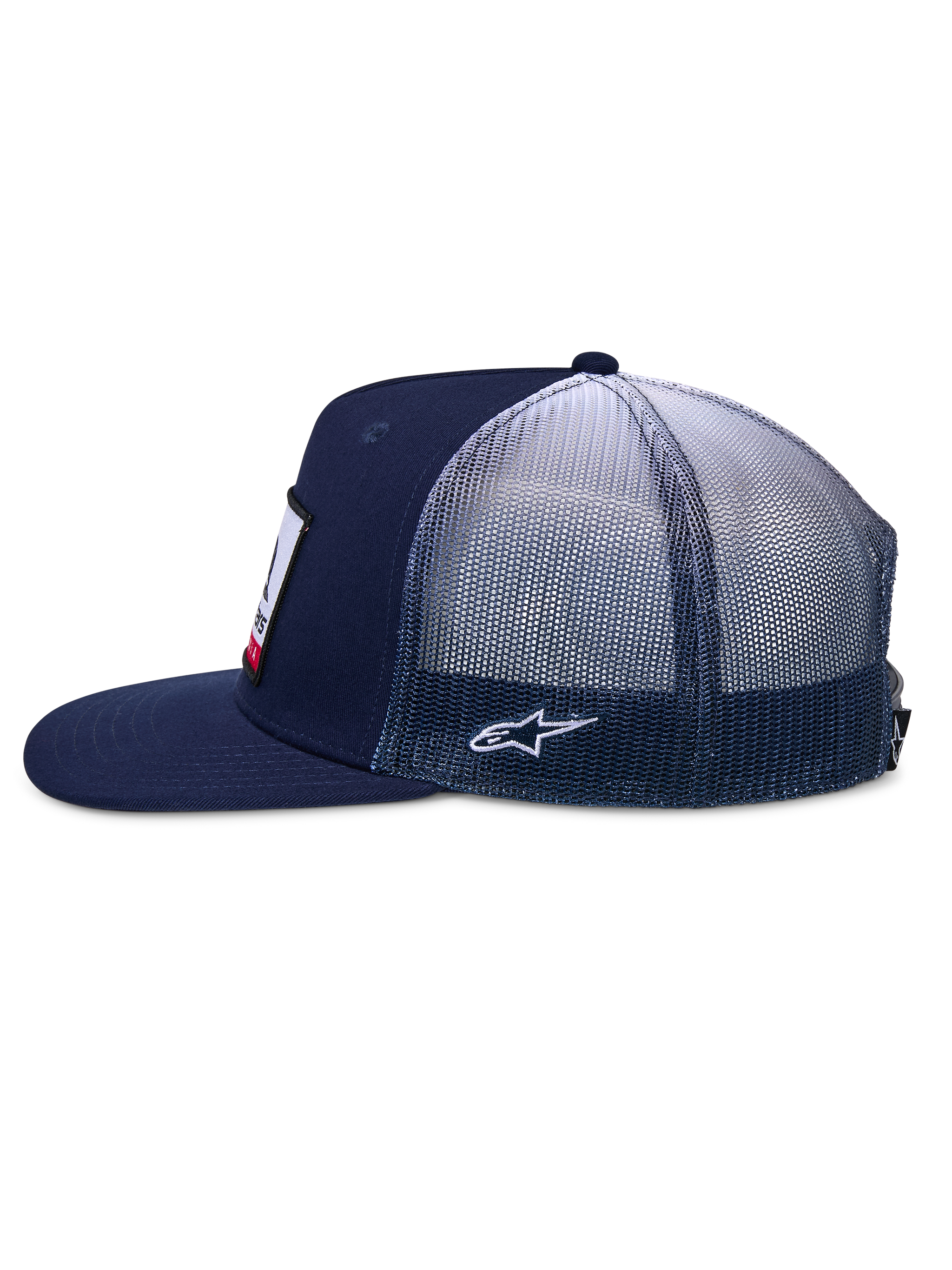 Alpinestars Cali Gradient Trucker Hat, Trucker Hat, Navy Blue and White, side view with gradient mesh back and flat bill, embroidered side Astars logo, casual motorsport streetwear