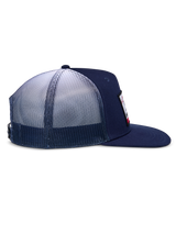 Alpinestars Cali Gradient Trucker Hat, Navy Blue and White, side profile showing flat bill, structured crown, and breathable gradient mesh back, casual sportswear accessories