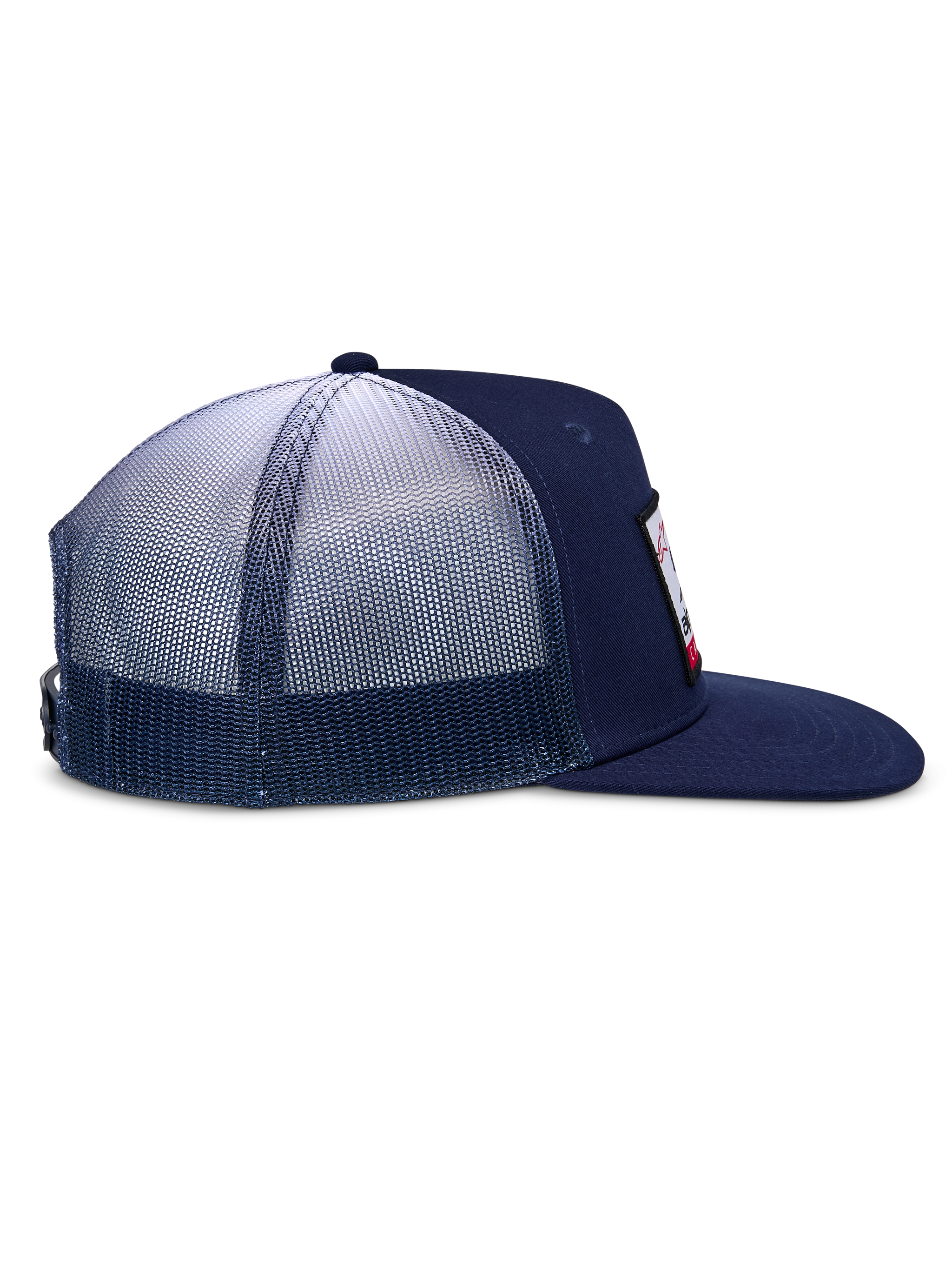 Alpinestars Cali Gradient Trucker Hat, Navy Blue and White, side profile showing flat bill, structured crown, and breathable gradient mesh back, casual sportswear accessories