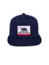 Alpinestars Cali Gradient Trucker Hat, Navy Blue, flat bill with structured crown, front woven patch featuring Cali Bear and Alpinestars branding, navy twill front with breathable gradient mesh back