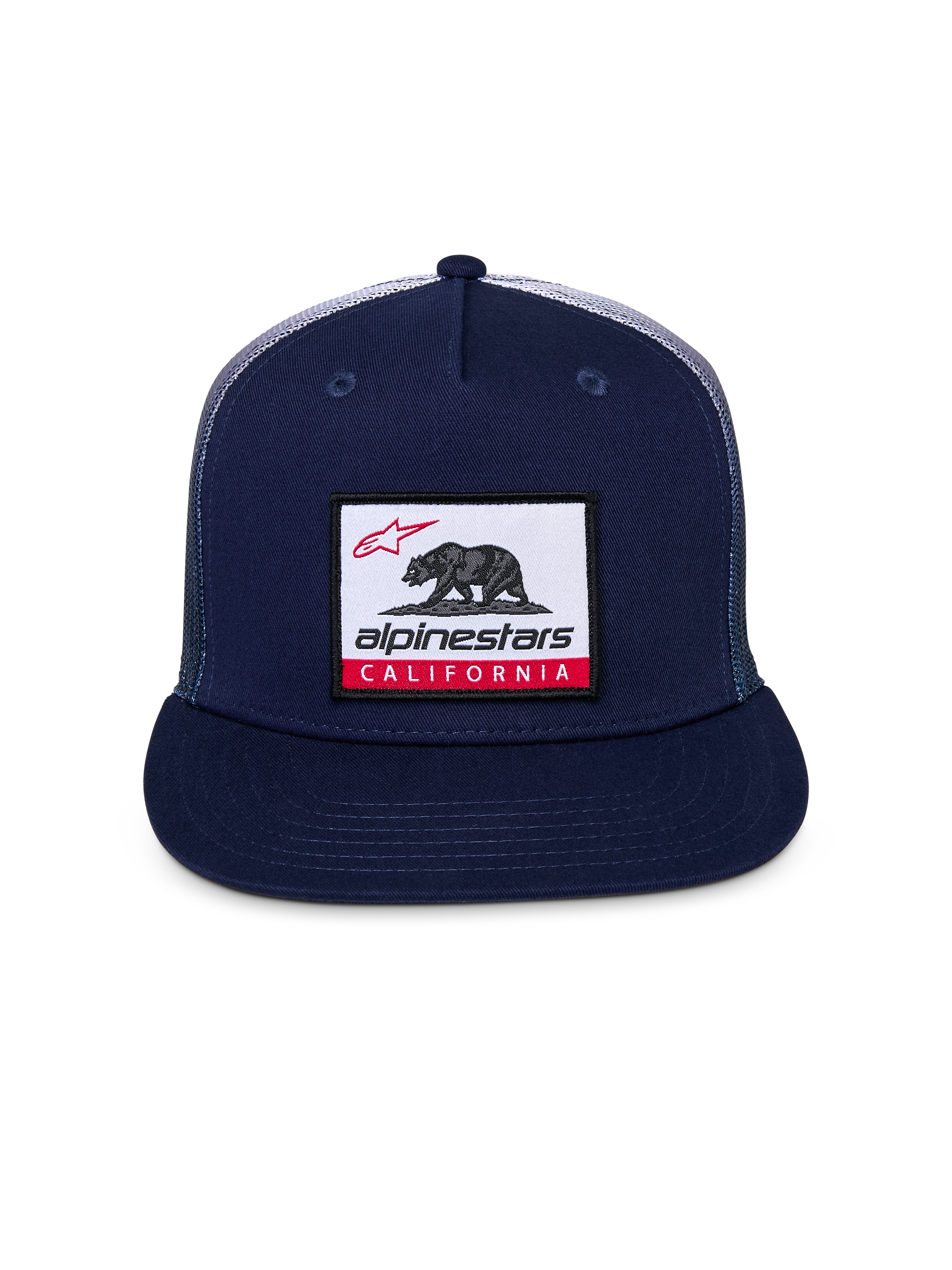 Alpinestars Cali Gradient Trucker Hat, Navy Blue, flat bill with structured crown, front woven patch featuring Cali Bear and Alpinestars branding, navy twill front with breathable gradient mesh back