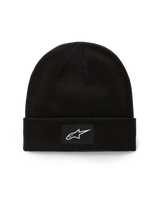 Alpinestars Augment Cuff Beanie, Knit Jersey Stitch Beanie, Black, featuring a woven patch with white Astars logo on the front cuff, casual motorsport streetwear