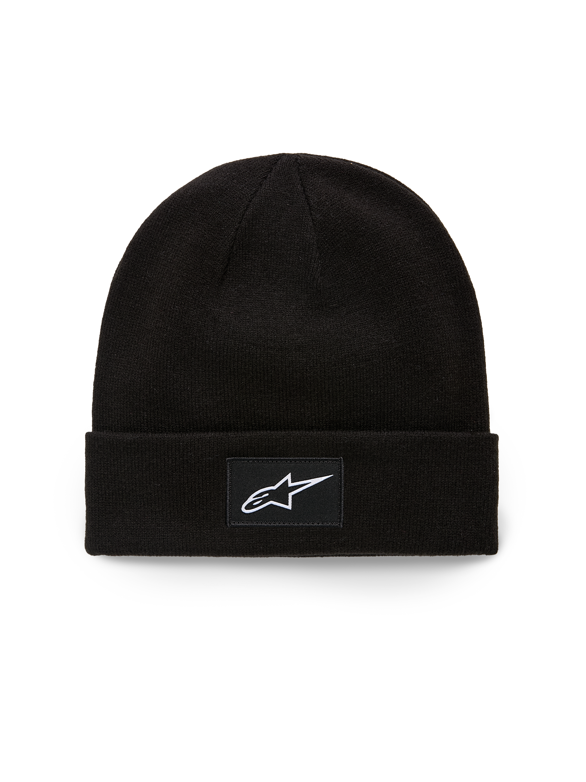 Alpinestars Augment Cuff Beanie, Knit Jersey Stitch Beanie, Black, featuring a woven patch with white Astars logo on the front cuff, casual motorsport streetwear