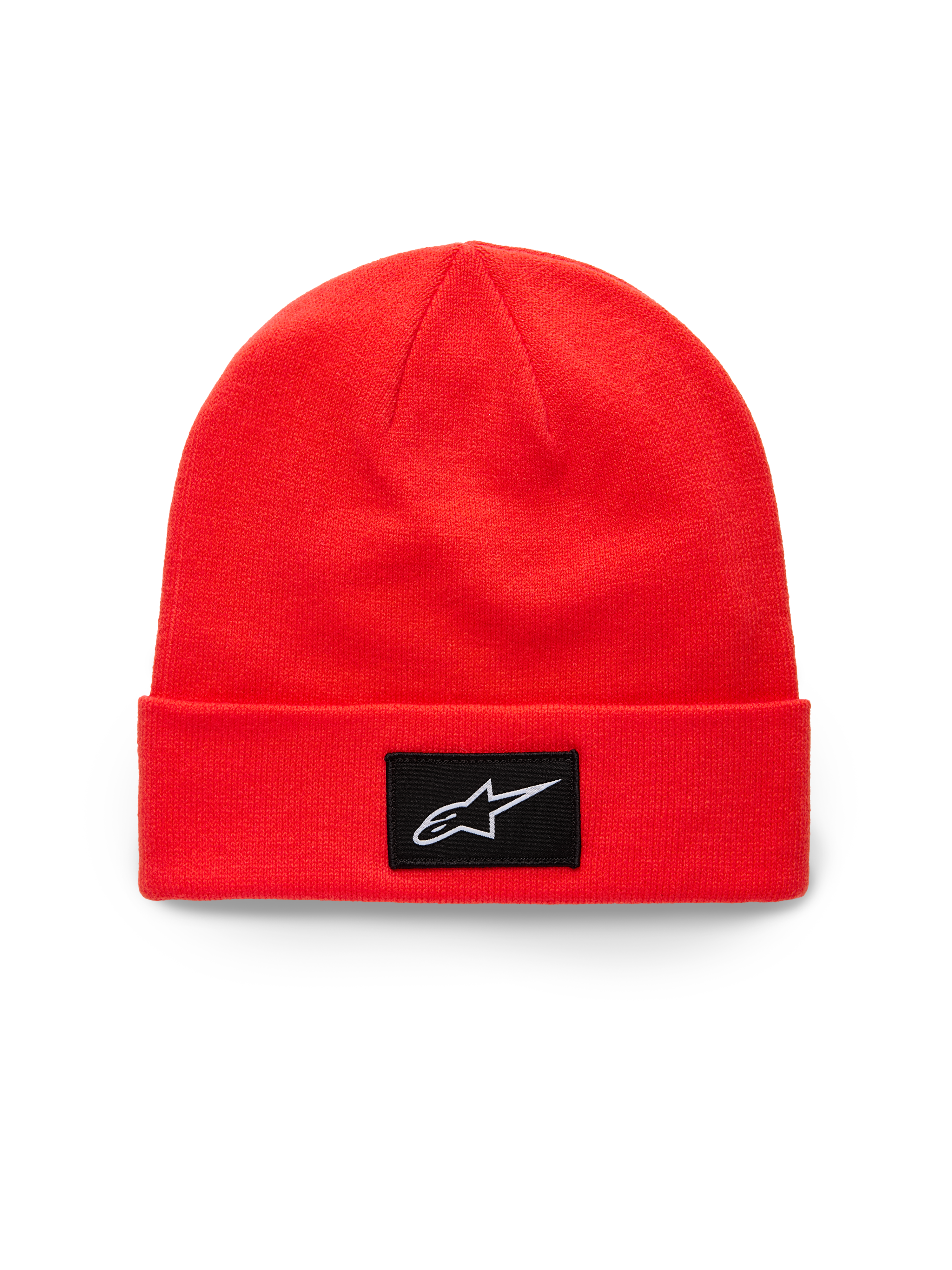 Alpinestars Augment Cuff Beanie, gorro de malha com dobra em vermelho vivo, com patch tecido preto e logótipo Astars branco, sportswear casual