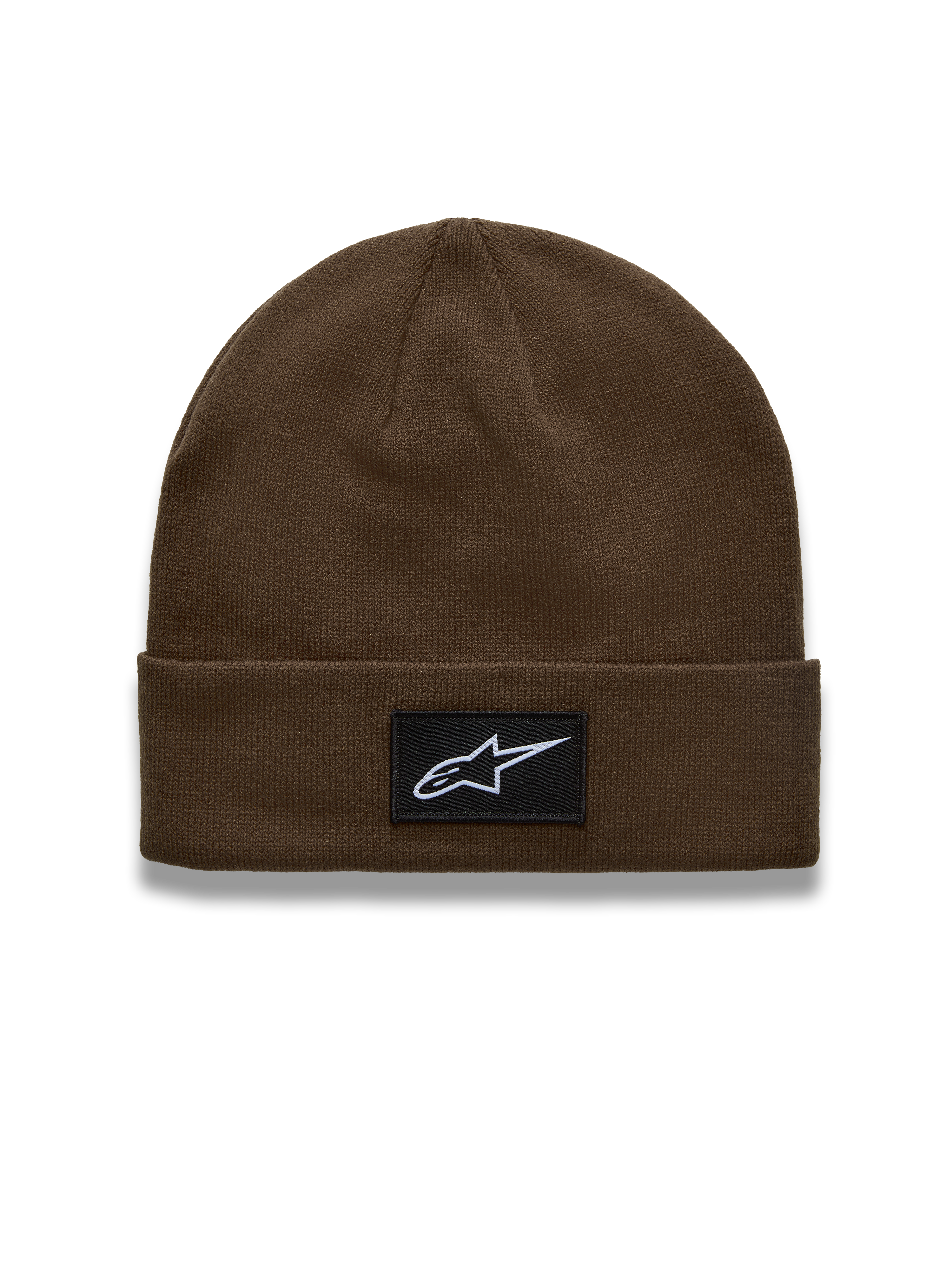 Alpinestars Augment Cuff Beanie, brown knit acrylic hat with a woven Astars logo patch and bike-chain border detail.