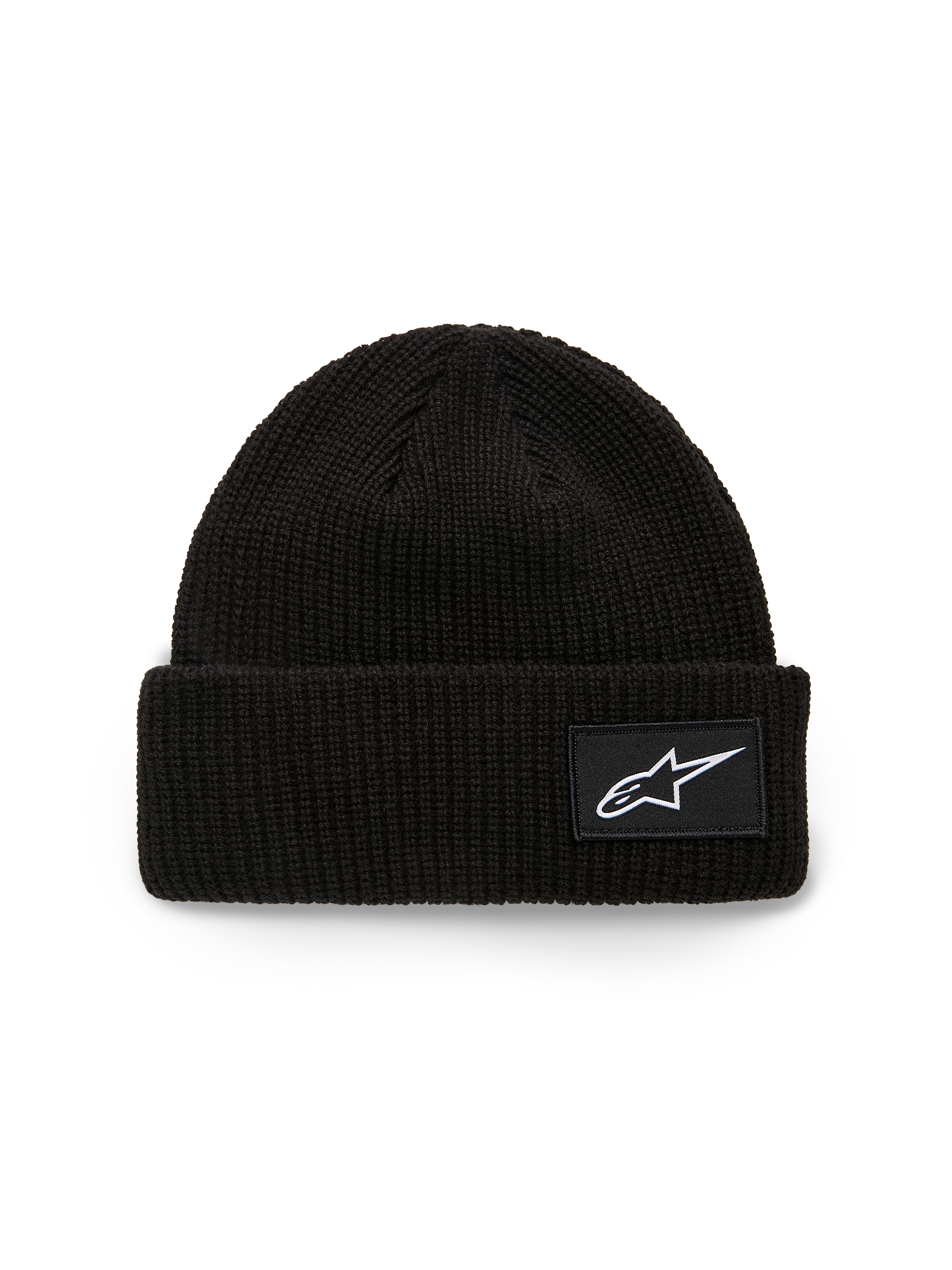 Gorro Alpinestars Unload Rib Cuff, gorro de malha, preto, com bainha canelada e patch tecido com o logótipo Astars branco, ajuste baixo, vestuário desportivo casual
