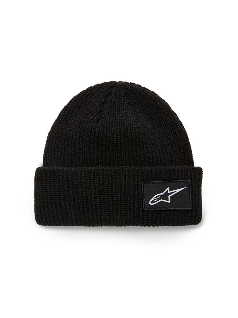Gorro Alpinestars Unload Rib Cuff, gorro de malha, preto, com bainha canelada e patch tecido com o logótipo Astars branco, ajuste baixo, vestuário desportivo casual