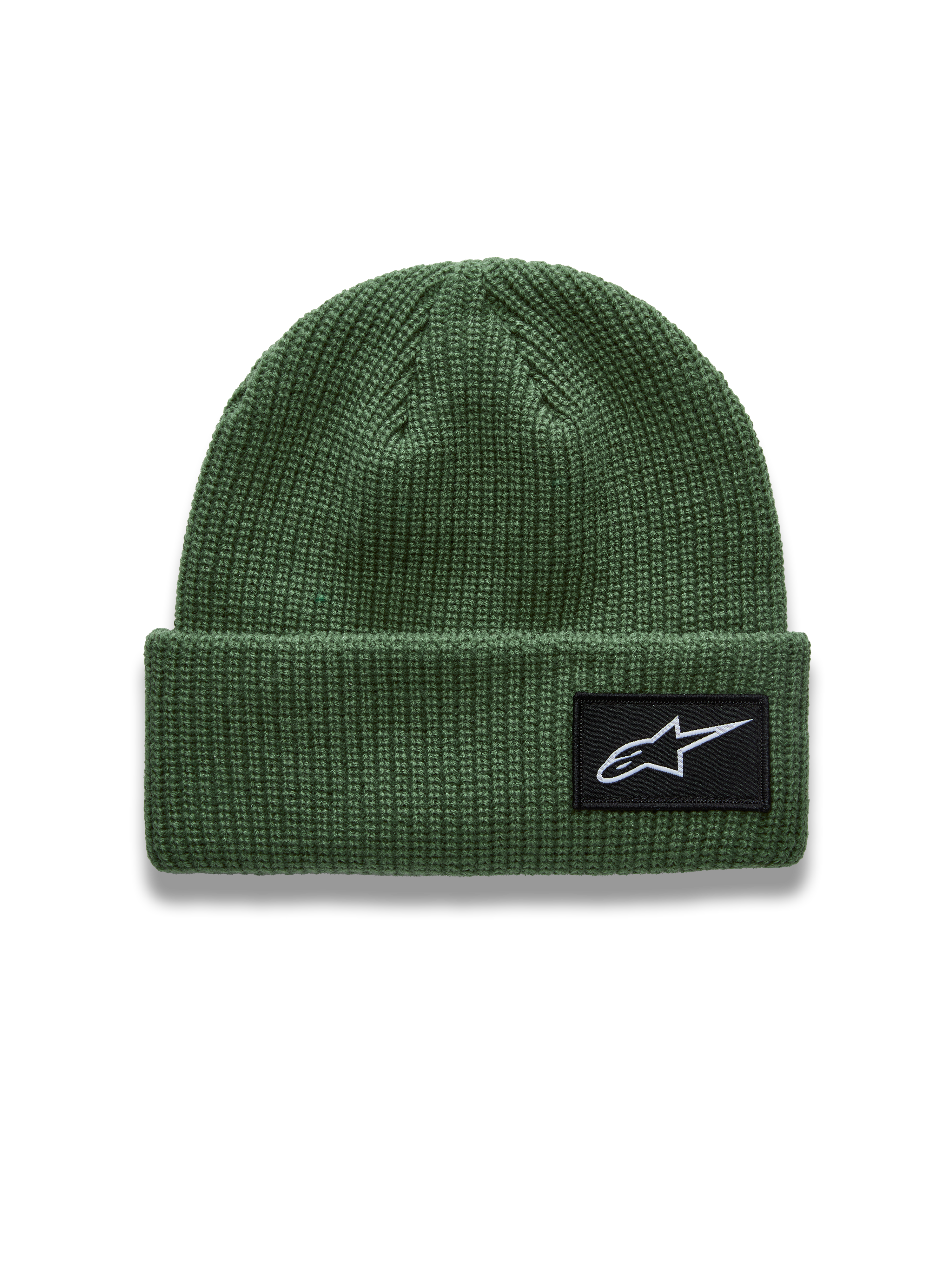Alpinestars Unload Rib Cuff Gorro, gorro de malha verde com patch tecido do logótipo Astars, estilo sportswear casual.