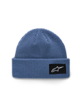 Gorro Alpinestars Unload Rib Cuff, azul, construção em malha de ponto jersey, ajuste raso com bainha dobrada, patch tecido preto com logótipo Astars branco, acessório casual de sportswear