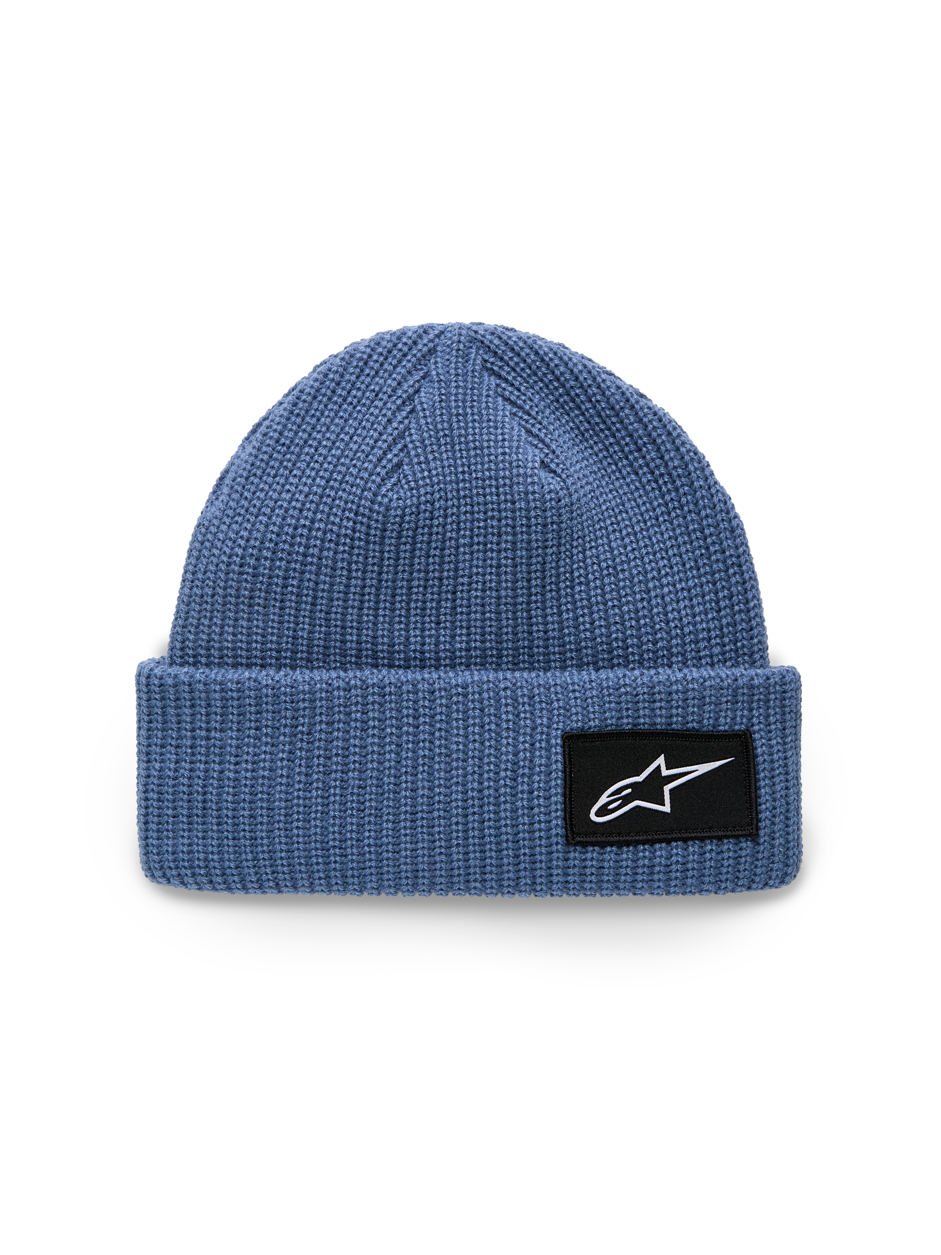 Gorro Alpinestars Unload Rib Cuff, azul, construção em malha de ponto jersey, ajuste raso com bainha dobrada, patch tecido preto com logótipo Astars branco, acessório casual de sportswear