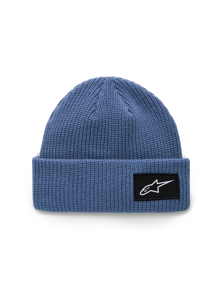 Gorro Alpinestars Unload Rib Cuff, azul, construção em malha de ponto jersey, ajuste raso com bainha dobrada, patch tecido preto com logótipo Astars branco, acessório casual de sportswear