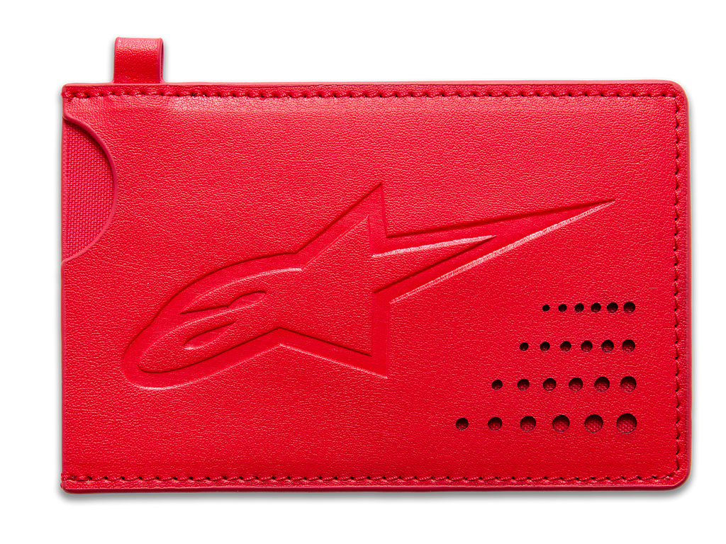 Alpinestars Ageless Credit Card Holder, porta-cartões vermelho em pele dividida, logótipo Astars gravado em baixo-relevo, entalhe curvo, detalhe perfurado no canto, acessório minimalista e fino