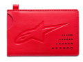 Alpinestars Ageless Credit Card Holder, porta-cartões vermelho em pele dividida, logótipo Astars gravado em baixo-relevo, entalhe curvo, detalhe perfurado no canto, acessório minimalista e fino