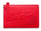 Alpinestars Ageless Credit Card Holder, porta-cartões vermelho em pele dividida, logótipo Astars gravado em baixo-relevo, entalhe curvo, detalhe perfurado no canto, acessório minimalista e fino