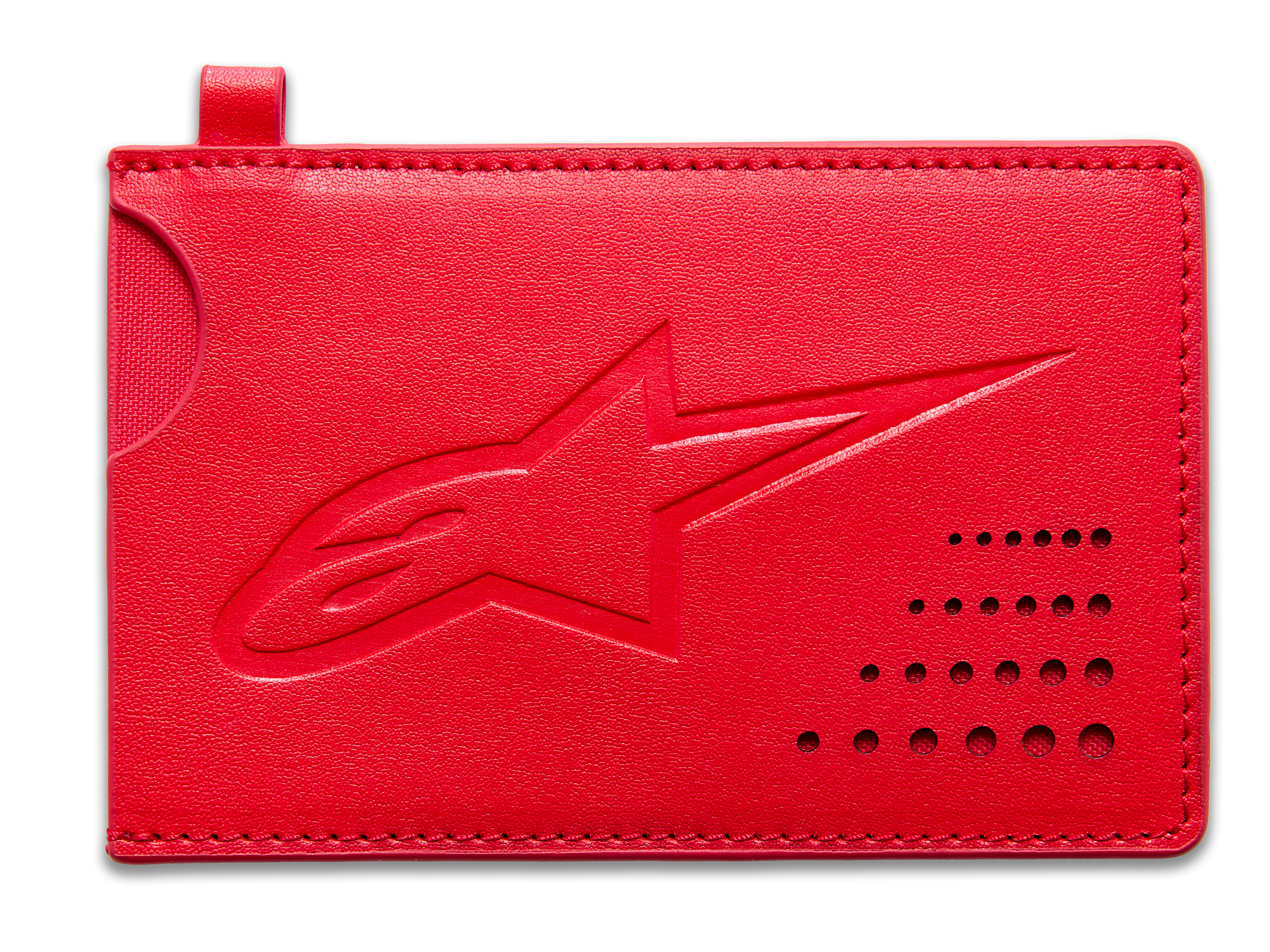 Alpinestars Ageless Credit Card Holder, porta-cartões vermelho em pele dividida, logótipo Astars gravado em baixo-relevo, entalhe curvo, detalhe perfurado no canto, acessório minimalista e fino