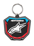 Alpinestars Plate Keyfob, porta-chaves moldado em 3D, preto, azul e vermelho, design em forma de placa de motocross com logótipo de estrela branco e argola metálica, acessório casual de desporto motorizado