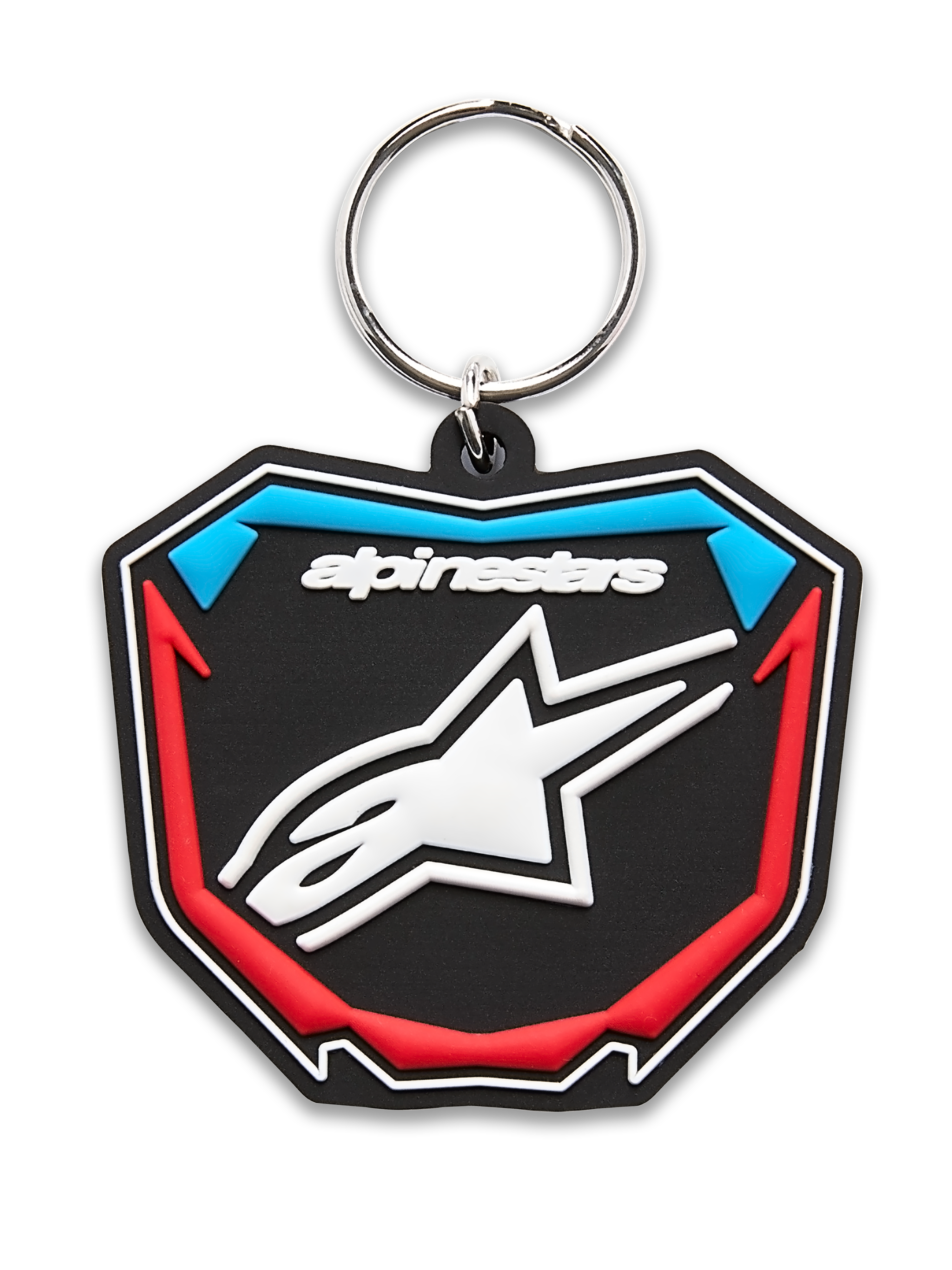 Alpinestars Plate Keyfob, porta-chaves moldado em 3D, preto, azul e vermelho, design em forma de placa de motocross com logótipo de estrela branco e argola metálica, acessório casual de desporto motorizado