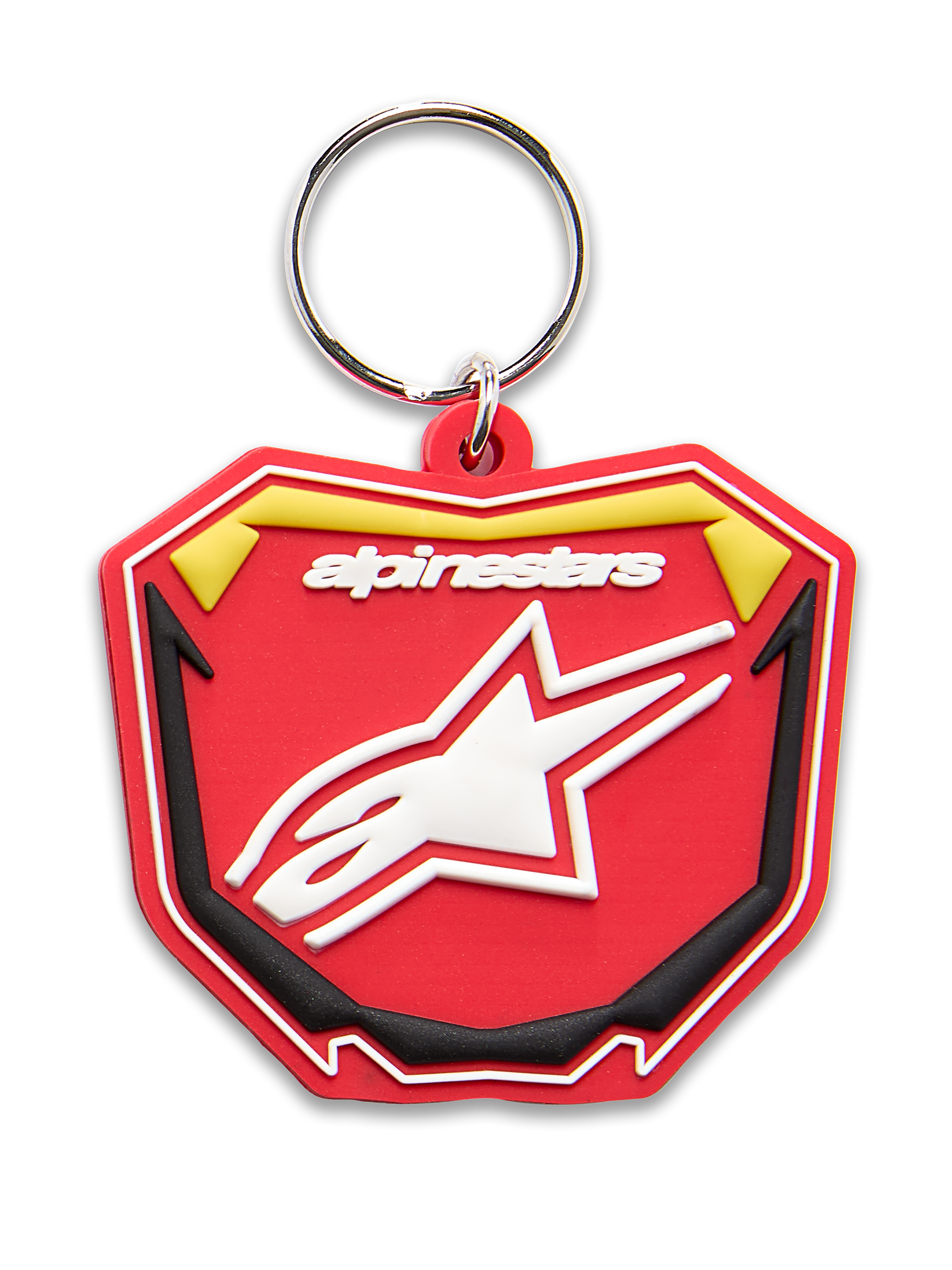 Alpinestars Plate Keyfob, porta-chaves moldado em 3D, vermelho, amarelo e preto, logótipo Alpinestars e símbolo de estrela Astars em branco, argola metálica prateada, design de placa MX inspirado no motociclismo