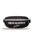 Alpinestars Only Linear Hip Bag, Hip Bag, Black with White logos and grey zipper, front view featuring Alpinestars wordmark and star logo, durable polyester construction, compact waist pack for everyday use