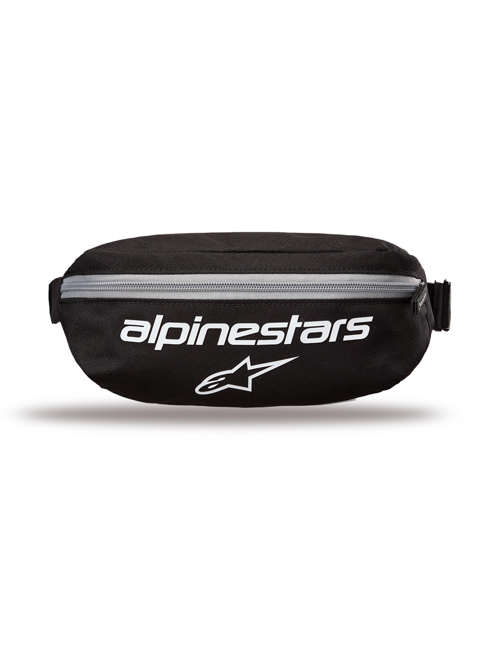 Alpinestars Only Linear Hip Bag, bolsa de cintura, preta com logótipos brancos e fecho cinzento, vista frontal com a marca nominativa Alpinestars e o logótipo da estrela, construção em poliéster resistente, bolsa de cintura compacta para uso quotidiano