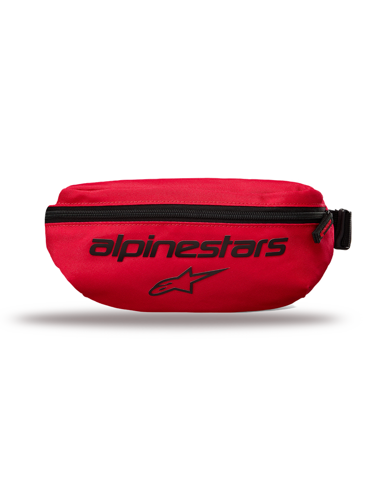 Alpinestars Only Linear Hip Bag, Small Waist Pack, Red, features black Alpinestars text and star logo, vertical zipper closure, durable 600D polyester, urban streetwear style
