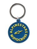 Alpinestars MX Keyfob, Keychain, Navy Blue with Yellow, 3D molded circular design featuring yellow Alpinestars Motocross text and star logo, silver metal snap ring, motorsport-inspired accessory
