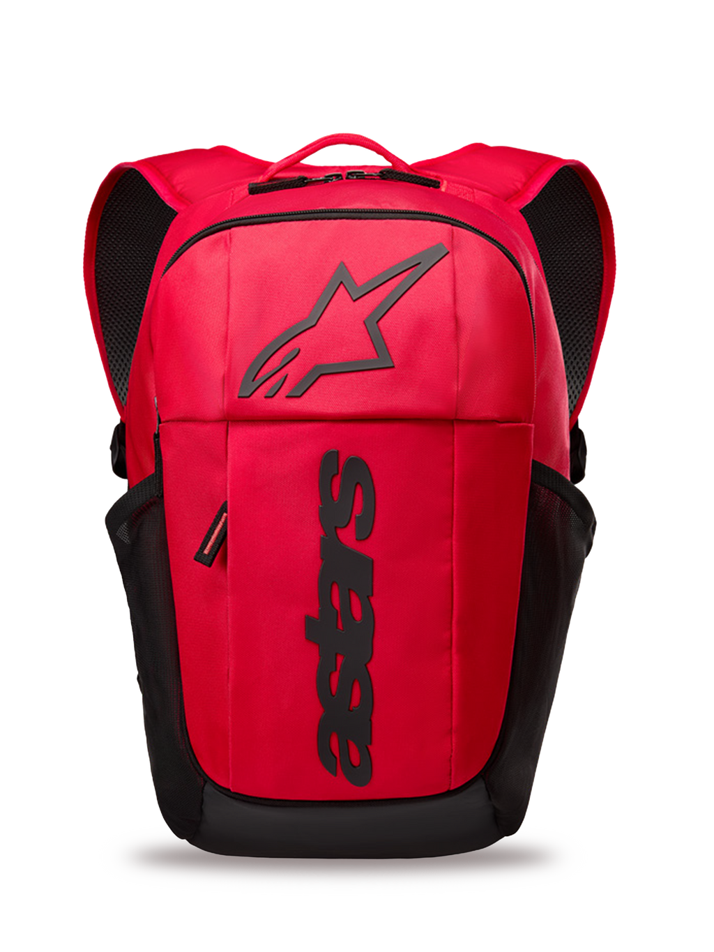 Mochila Alpinestars GFX Boss, mochila diária vermelha e preta, capacidade de 20L, com logótipo Astars em relevo de silicone preto e marca vertical, bolsos laterais em rede, alças almofadadas em rede respirável, construção em poliéster 600D resistente
