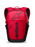 Mochila Alpinestars GFX Boss, mochila diária vermelha e preta, capacidade de 20L, com logótipo Astars em relevo de silicone preto e marca vertical, bolsos laterais em rede, alças almofadadas em rede respirável, construção em poliéster 600D resistente