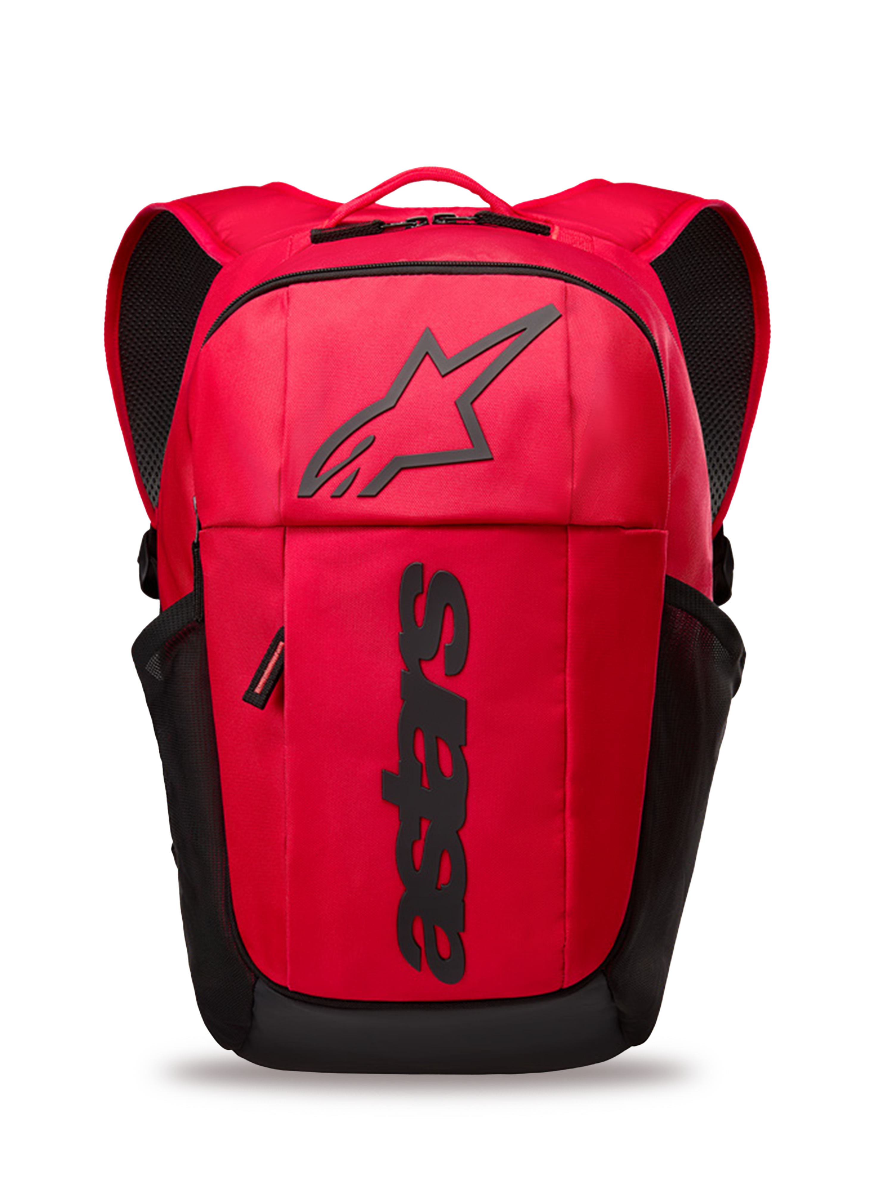 Mochila Alpinestars GFX Boss, mochila diária vermelha e preta, capacidade de 20L, com logótipo Astars em relevo de silicone preto e marca vertical, bolsos laterais em rede, alças almofadadas em rede respirável, construção em poliéster 600D resistente