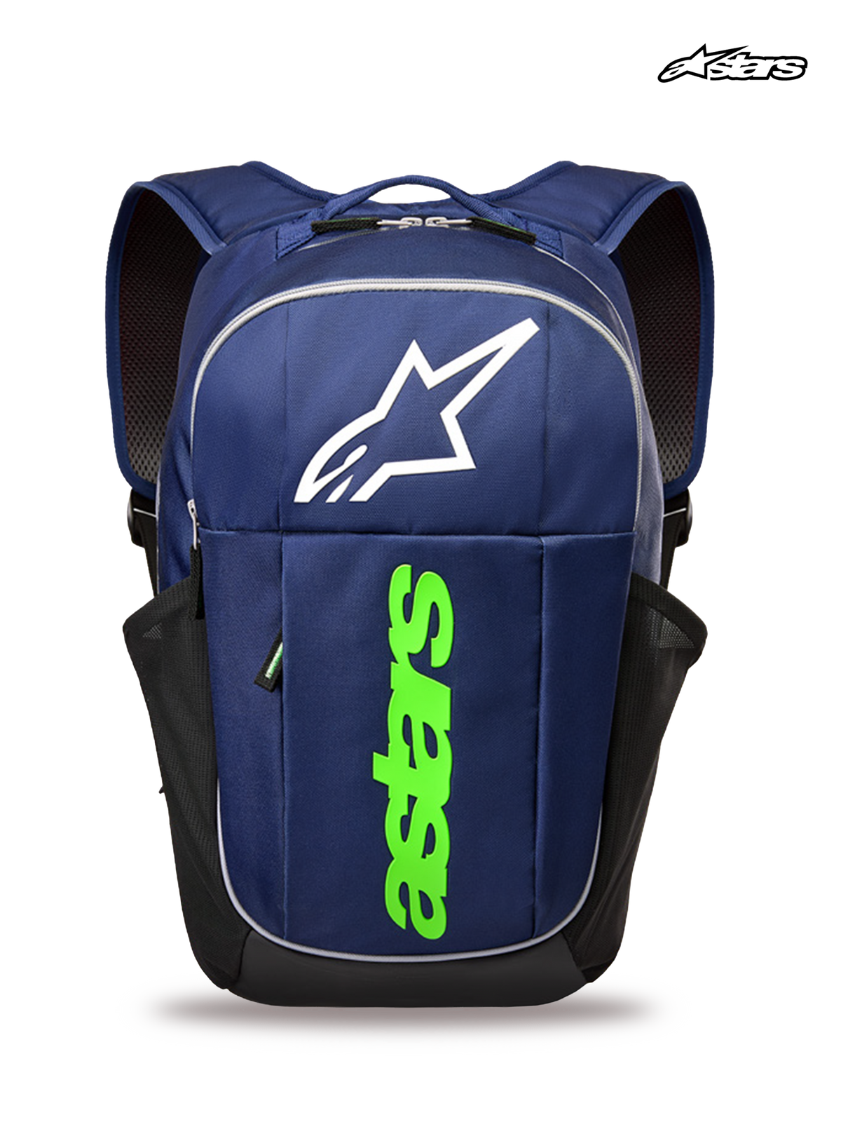 Alpinestars Mochila GFX Boss, mochila desportiva, azul-escura e verde, com capacidade de 20L, construção em poliéster 600D e logótipo gráfico astars em destaque