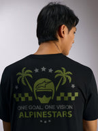 Alpinestars Order CSF Tee, Short Sleeve T-Shirt, Black, back view featuring green helmet and palm tree graphics with gray stars and 'ONE GOAL. ONE VISION. ALPINESTARS' text, Casual Motorsport Streetwear