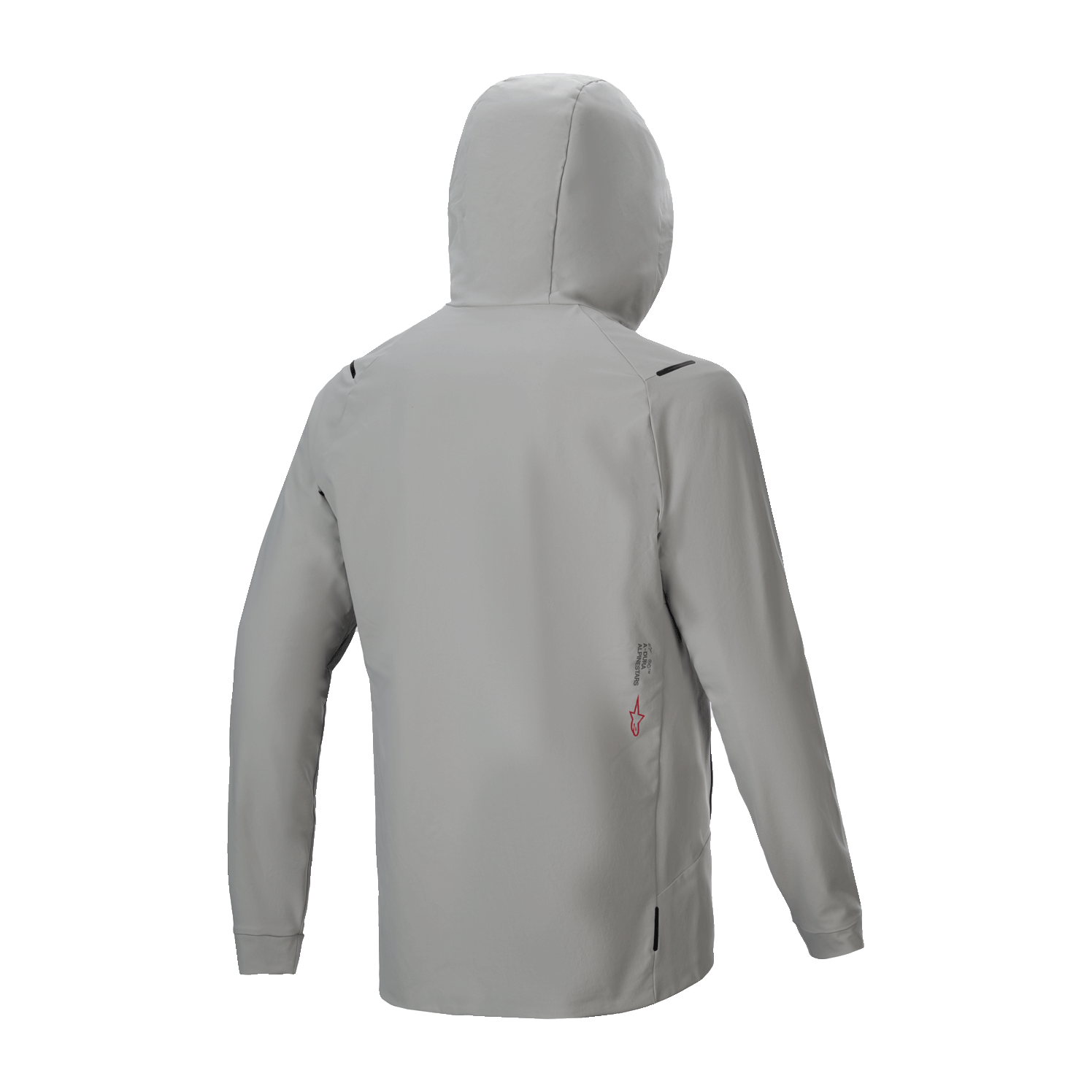 Casaco Térmico Alpinestars A-Dura, casaco de ciclismo com isolamento, cinzento titanium, vista traseira com o capuz levantado, design minimalista com pequeno detalhe do logótipo na parte inferior das costas, desempenho térmico leve para mountain biking