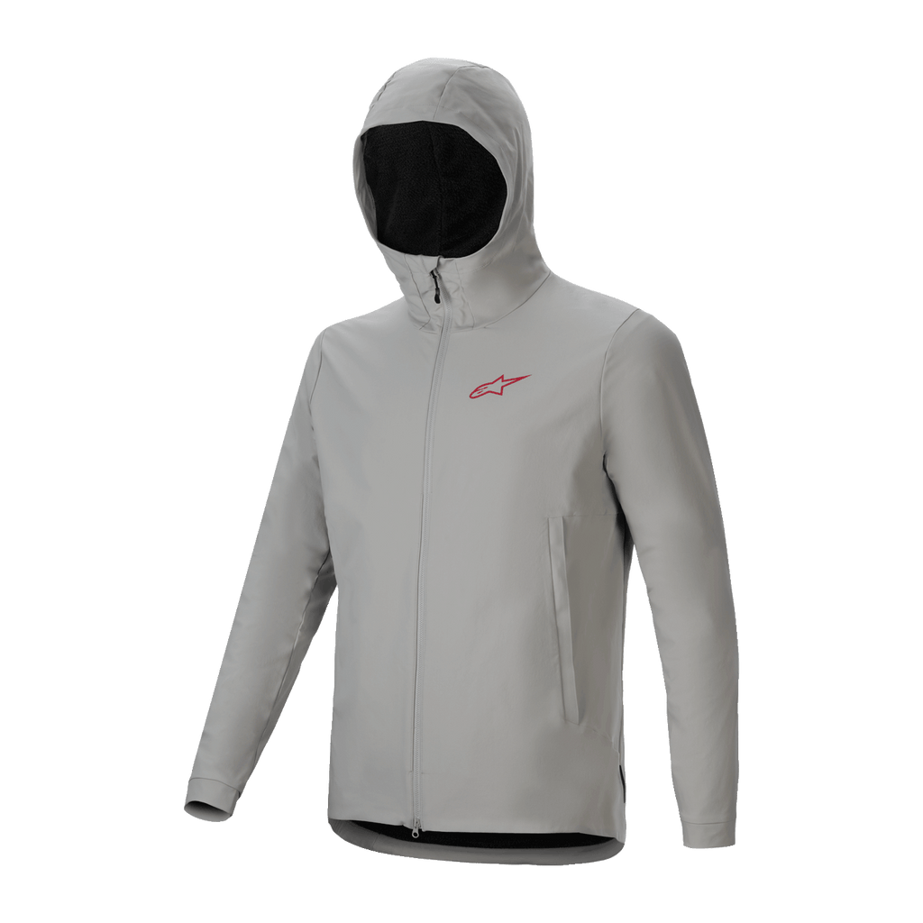 Casaco Térmico Alpinestars A-Dura, casaco de ciclismo cinzento Titanium com capuz isolado, logótipo vermelho no peito e fecho de correr frontal integral, equipamento técnico de BTT para proteção contra o tempo frio