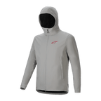 Casaco Térmico Alpinestars A-Dura, casaco de ciclismo cinzento Titanium com capuz isolado, logótipo vermelho no peito e fecho de correr frontal integral, equipamento técnico de BTT para proteção contra o tempo frio