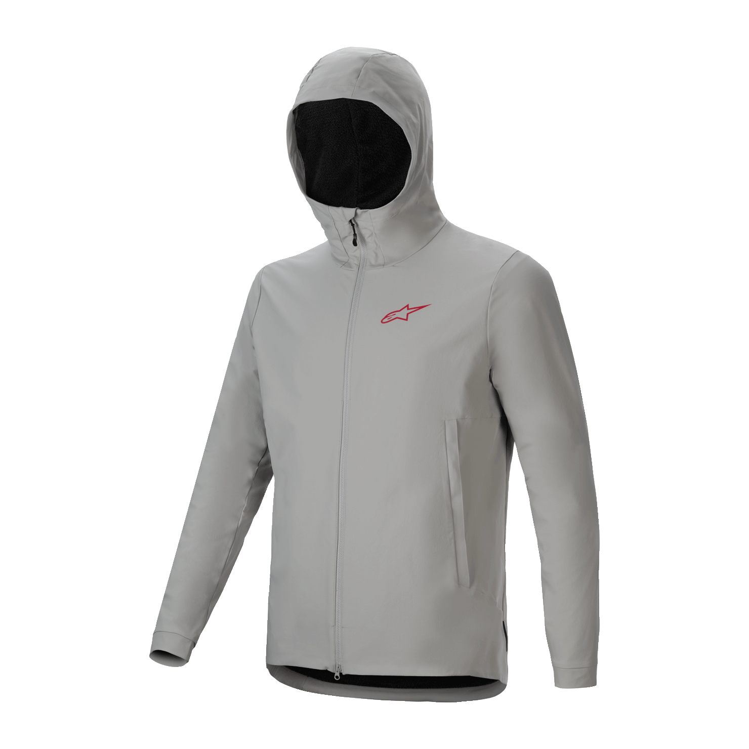 Casaco Térmico Alpinestars A-Dura, casaco de ciclismo cinzento Titanium com capuz isolado, logótipo vermelho no peito e fecho de correr frontal integral, equipamento técnico de BTT para proteção contra o tempo frio