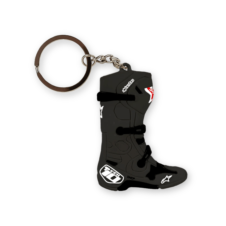 Alpinestars New Tech 10 Boot Keyfob, porta-chaves preto com detalhes brancos e vermelhos, réplica 3D em miniatura da icónica bota de motocross, fivelas e logótipos detalhados, argola metálica prateada