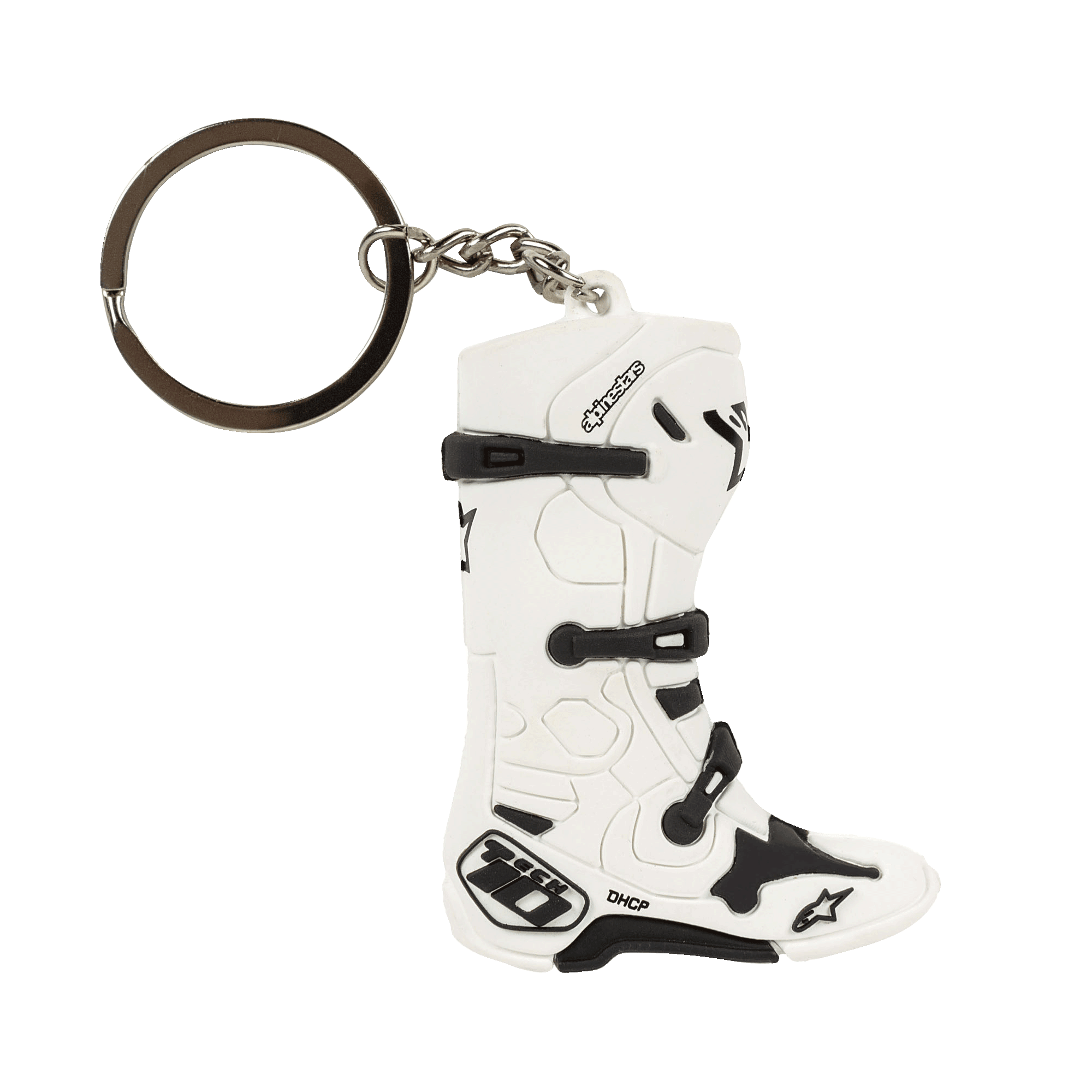 Alpinestars New Tech 10 Boot Keyfob, miniature 3D motocross boot keychain, White and Black, featuring detailed straps and branding, metallic ring and chain, motorsport-inspired accessory