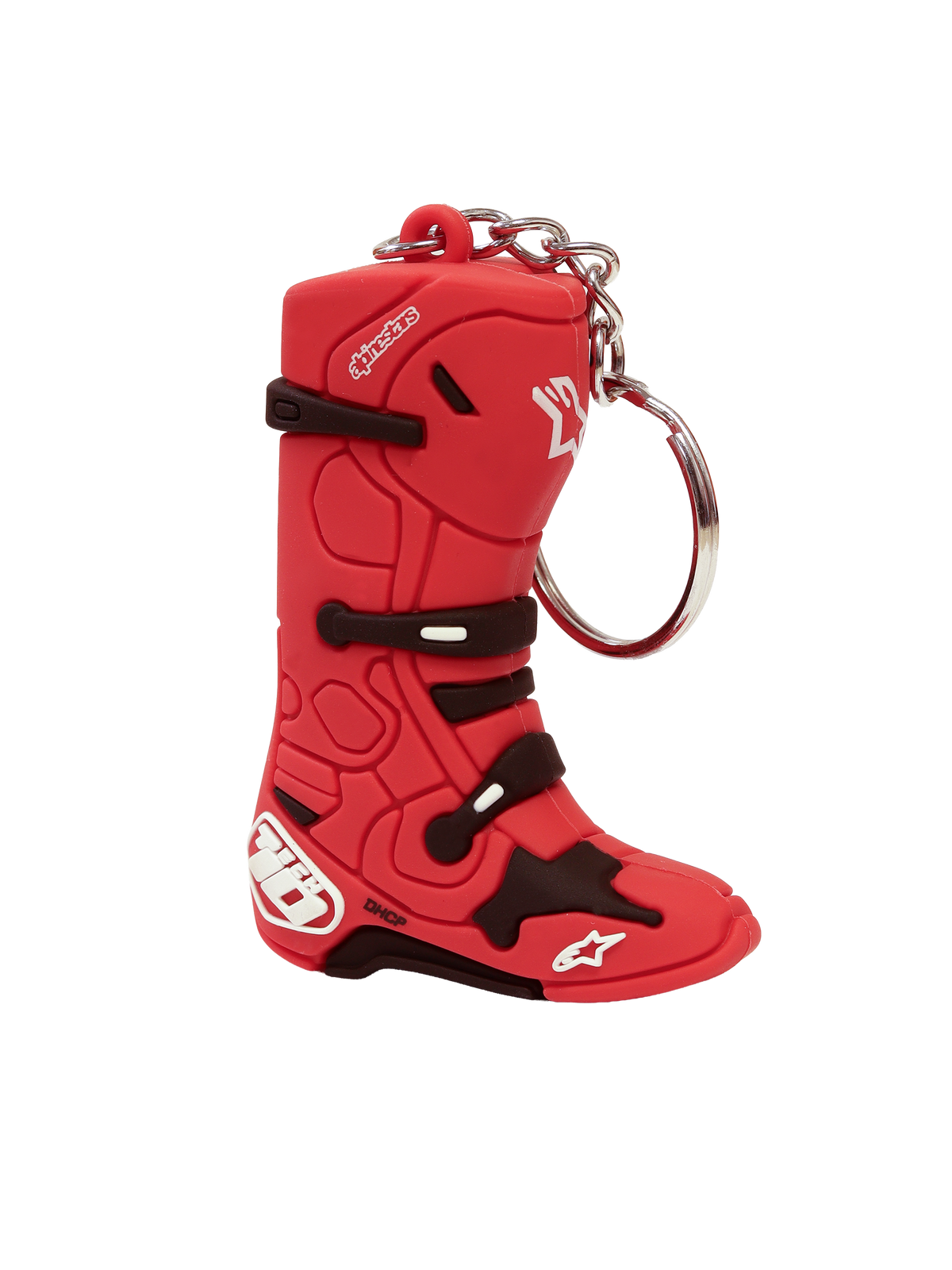 Alpinestars Porta-Chaves Tech 10 Boot, porta-chaves de moto em formato de bota de motocross, vermelho e branco, com anel de pressão metálico resistente