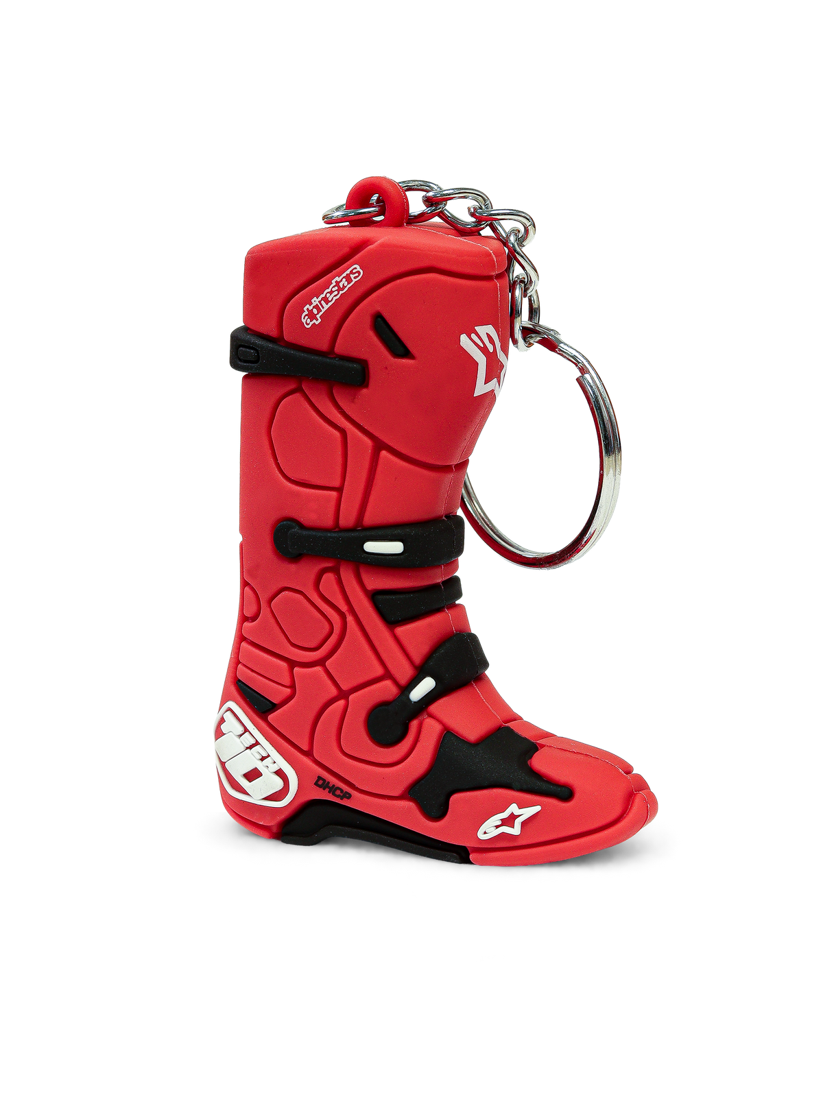 Alpinestars Tech 10 Boot Keyfob, motocross boot keychain, red and black, 3D miniature synthetic design with metal ring