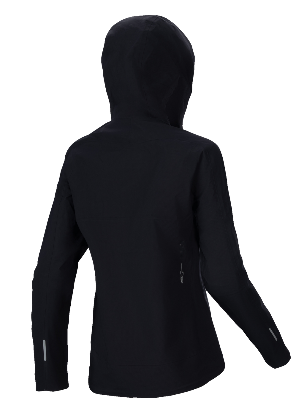 Alpinestars Stella A-Dura Elite Waterproof Jacket, casaco impermeável de BTT para mulher, preto, vista traseira com o capuz sobre o capacete, detalhes refletores nas mangas e na parte inferior das costas, tecido ripstop durável para trilhos em todas as condições meteorológicas