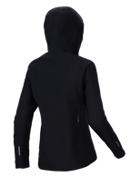 Alpinestars Stella A-Dura Elite Waterproof Jacket, casaco impermeável de BTT para mulher, preto, vista traseira com o capuz sobre o capacete, detalhes refletores nas mangas e na parte inferior das costas, tecido ripstop durável para trilhos em todas as condições meteorológicas