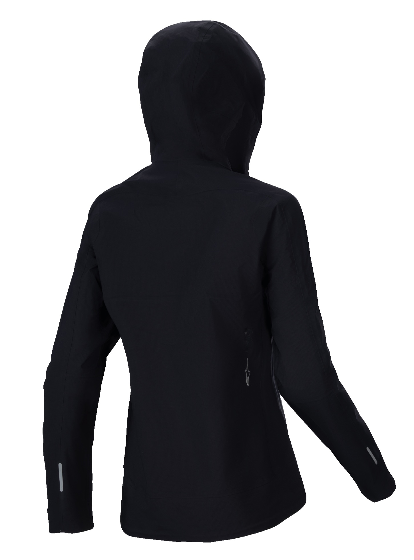 Alpinestars Stella A-Dura Elite Waterproof Jacket, casaco impermeável de BTT para mulher, preto, vista traseira com o capuz sobre o capacete, detalhes refletores nas mangas e na parte inferior das costas, tecido ripstop durável para trilhos em todas as condições meteorológicas