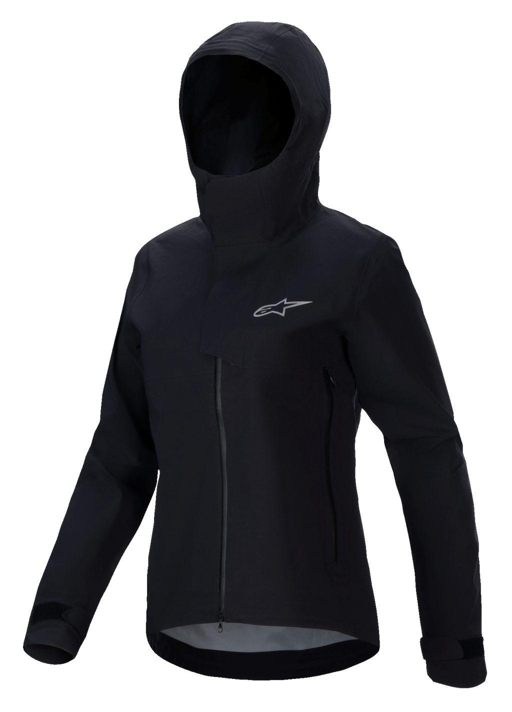 Alpinestars Stella A-Dura Elite Waterproof Jacket, casaco de BTT para mulher, preto, com design com capuz e aba protetora, fecho frontal, bolsos laterais com fecho, punhos ajustáveis com velcro, tecido técnico impermeável e logótipo prateado no peito