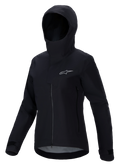 Alpinestars Stella A-Dura Elite Waterproof Jacket, casaco de BTT para mulher, preto, com design com capuz e aba protetora, fecho frontal, bolsos laterais com fecho, punhos ajustáveis com velcro, tecido técnico impermeável e logótipo prateado no peito