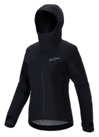 Alpinestars Stella A-Dura Elite Waterproof Jacket, casaco de BTT para mulher, preto, com design com capuz e aba protetora, fecho frontal, bolsos laterais com fecho, punhos ajustáveis com velcro, tecido técnico impermeável e logótipo prateado no peito