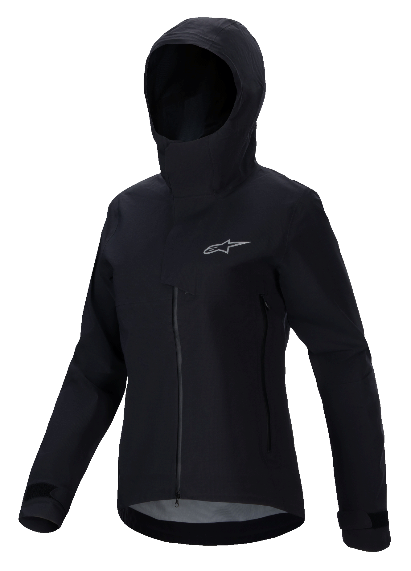 Alpinestars Stella A-Dura Elite Waterproof Jacket, casaco de BTT para mulher, preto, com design com capuz e aba protetora, fecho frontal, bolsos laterais com fecho, punhos ajustáveis com velcro, tecido técnico impermeável e logótipo prateado no peito